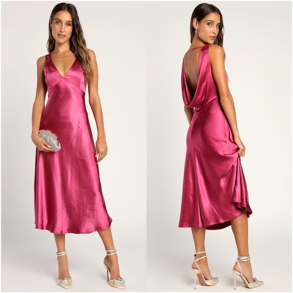 LULU’S Incredible Love Magenta Satin Cowl Back Midi Slip Dress